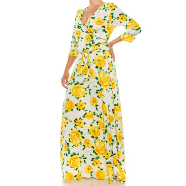 Ivory Yellow Floral Faux Wrap Plussize Maxi Dress