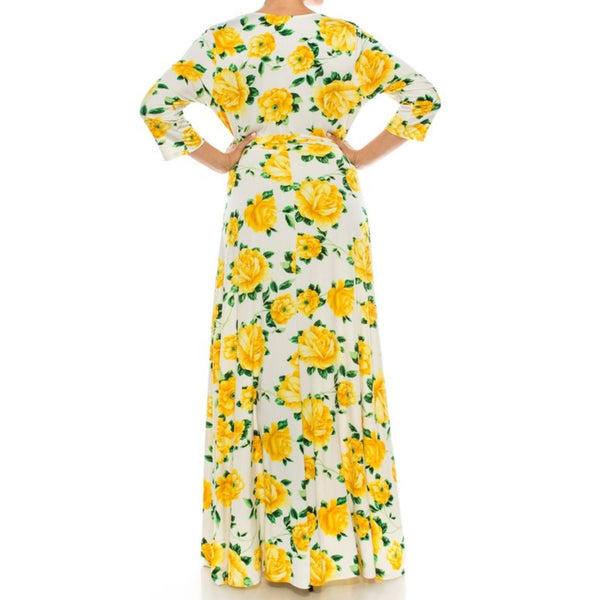 Ivory Yellow Floral Faux Wrap Plussize Maxi Dress