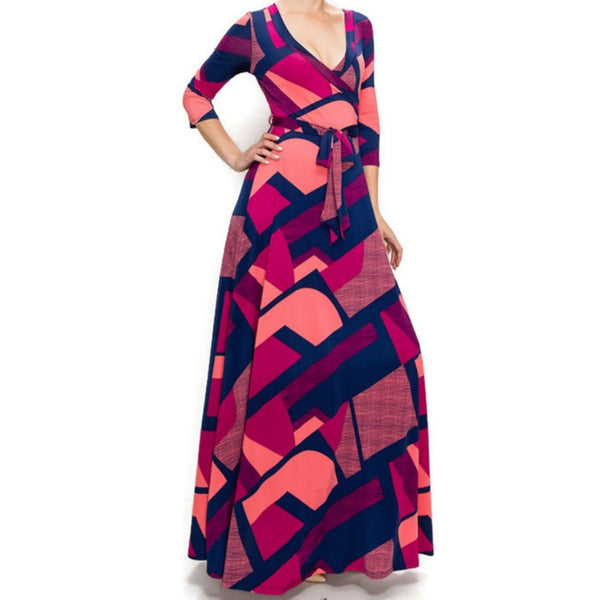 Fuchsia Maze Faux Wrap Maxi Dress