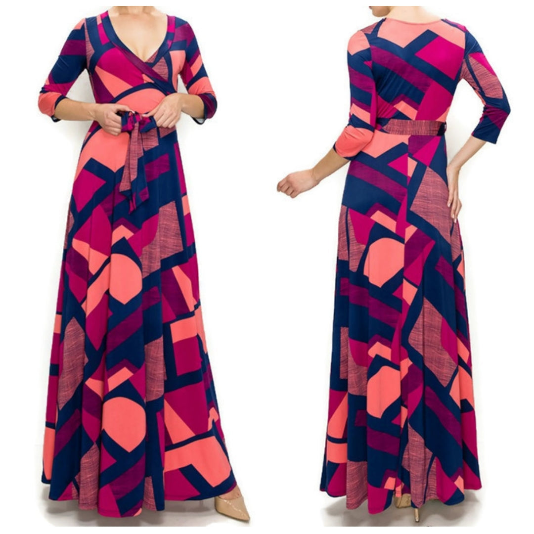 Fuchsia Maze Faux Wrap Maxi Dress