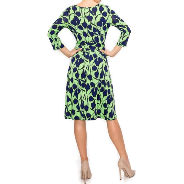 Lime Navy Leaves Faux Wrap Knee Length Dress