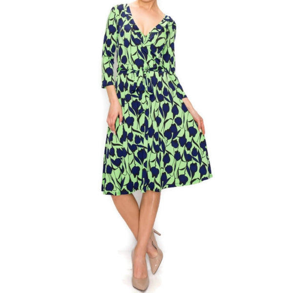 Lime Navy Leaves Faux Wrap Knee Length Dress