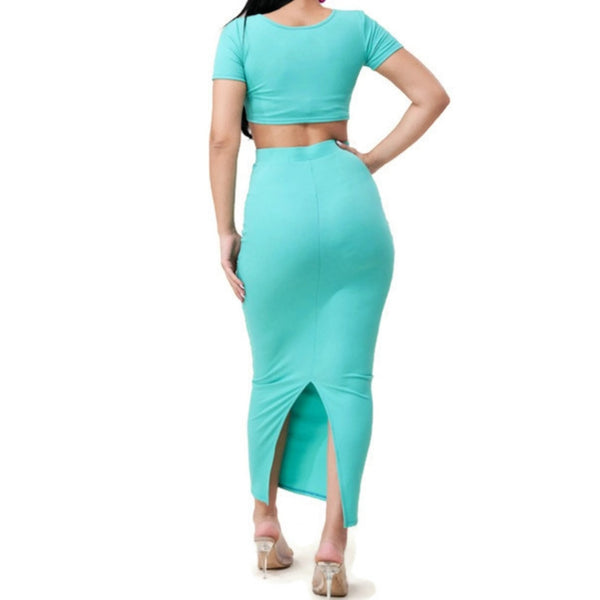 KN Solid Ribbed Knit Crop Top Maxi Skirt 2 Piece Set