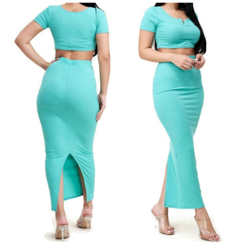 KN Solid Ribbed Knit Crop Top Maxi Skirt 2 Piece Set