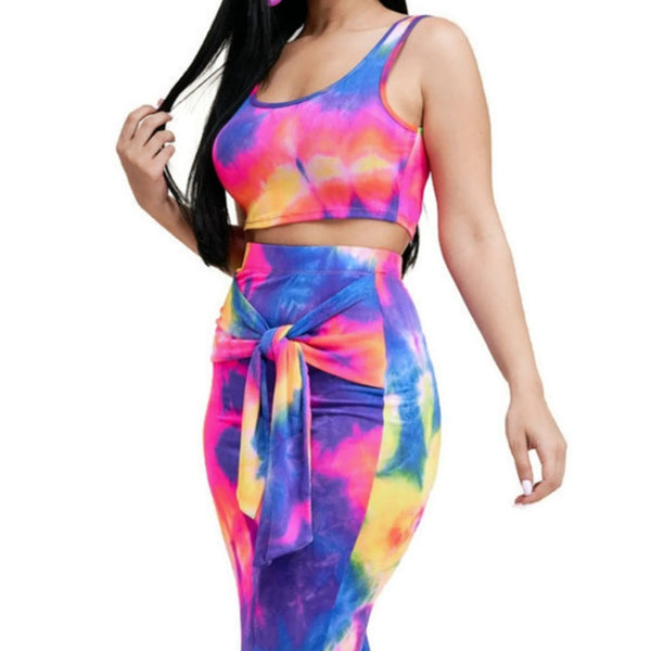 KN Neon Tie Dye Fuchsia Crop Tank Top Midi Skirt 2 Piece Set