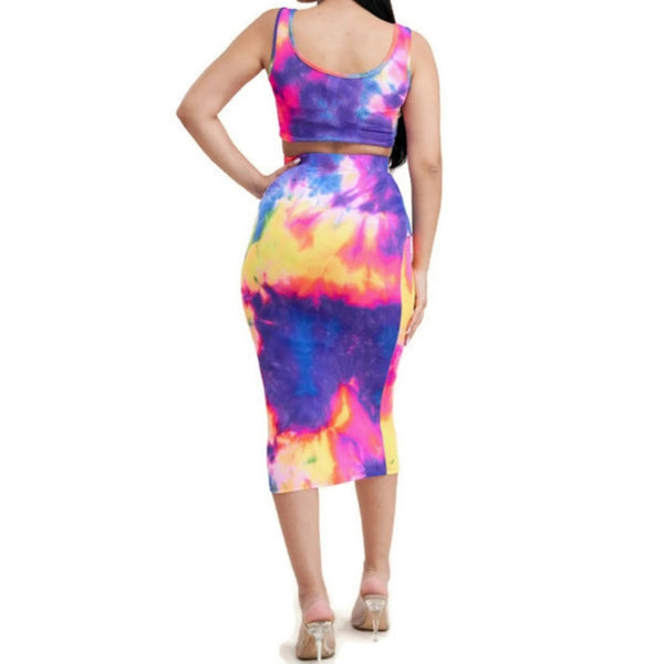 KN Neon Tie Dye Fuchsia Crop Tank Top Midi Skirt 2 Piece Set