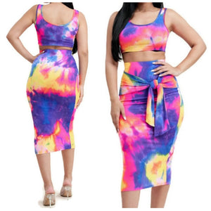 KN Neon Tie Dye Fuchsia Crop Tank Top Midi Skirt 2 Piece Set