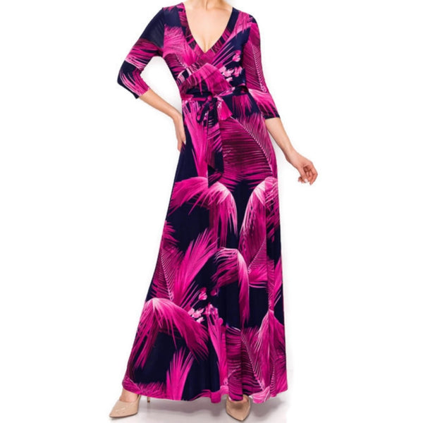 Fuchsia Feathers Faux Wrap Maxi Dress