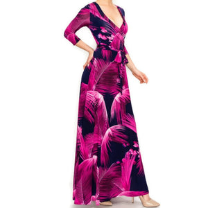 Fuchsia Feathers Faux Wrap Maxi Dress