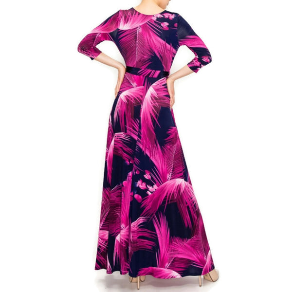 Fuchsia Feathers Faux Wrap Maxi Dress