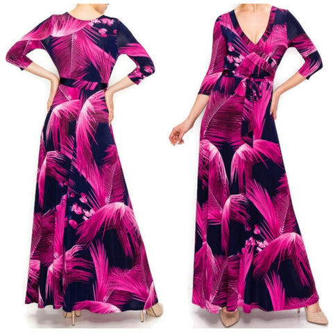 Fuchsia Feathers Faux Wrap Maxi Dress