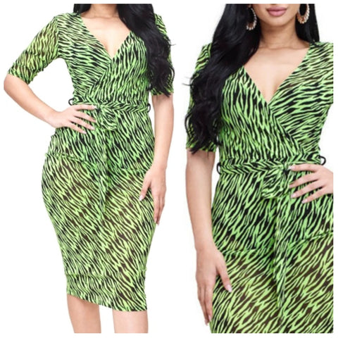 MM Neon Green Black Animal Print Mesh Bodycon Midi Dress