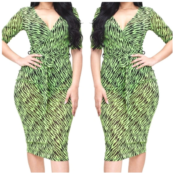 MM Neon Green Black Animal Print Mesh Bodycon Midi Dress