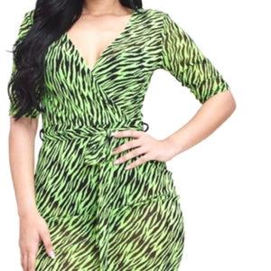 MM Neon Green Black Animal Print Mesh Bodycon Midi Dress