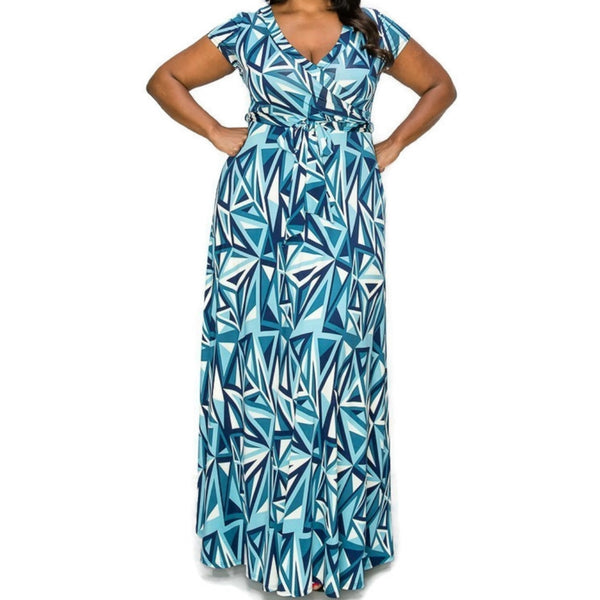 Blue Mirror Faux Wrap Maxi Plussize Dress