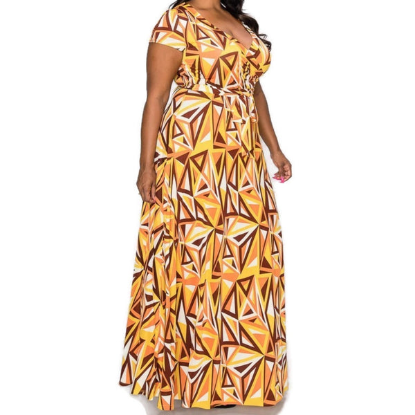 Mustard Brown Mirror Faux Wrap Maxi Plussize Dress