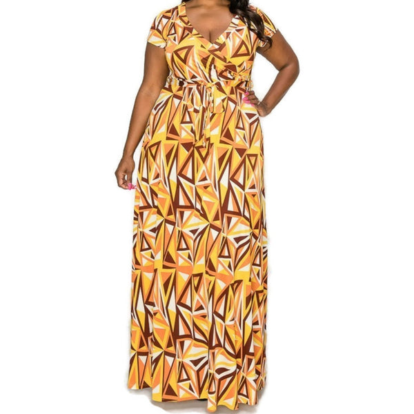 Mustard Brown Mirror Faux Wrap Maxi Plussize Dress