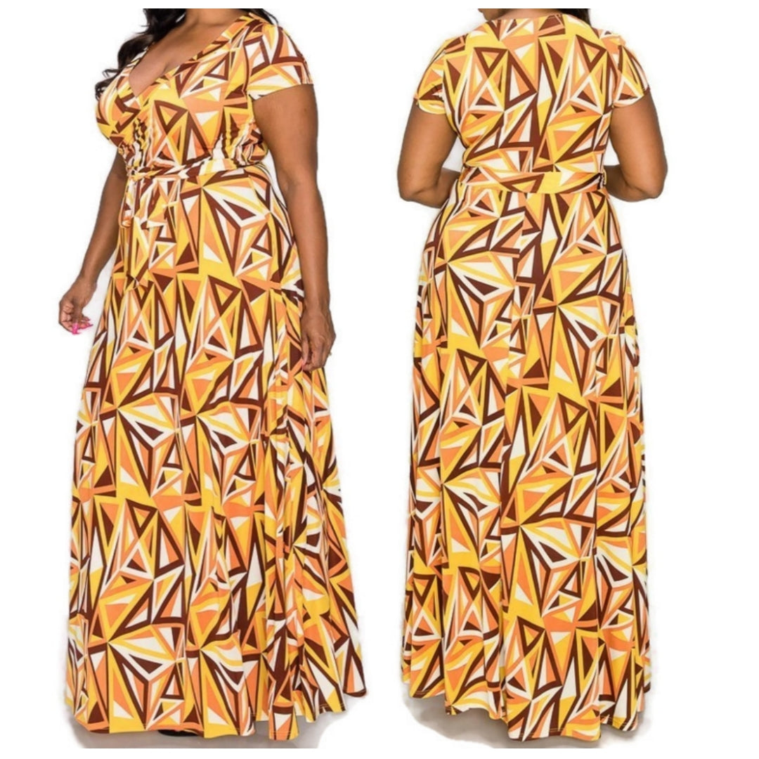 Mustard Brown Mirror Faux Wrap Maxi Plussize Dress