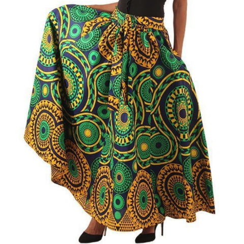 African Green Mustard Blue Print Maxi Skirt with Matching Headwrap