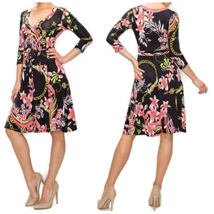 Black Pink Floral Chains Faux Wrap Knee Length 3/4 Sleeve Dress