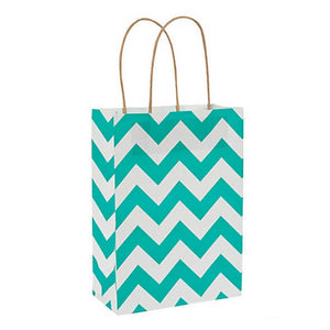 Turquoise White Chevron Kraft Handle Paper Party Favor Wedding Gift Bags - Set of 15