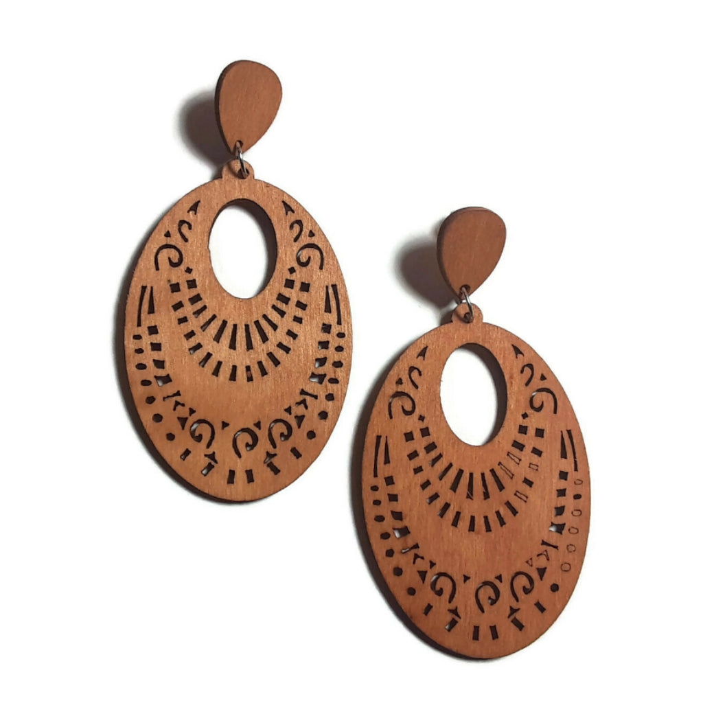 Oval Light Brown Natural Statement Dangle Wood Earrings