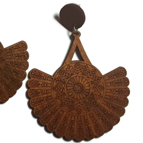 Peacock Natural Statement Dangle Wood Earrings