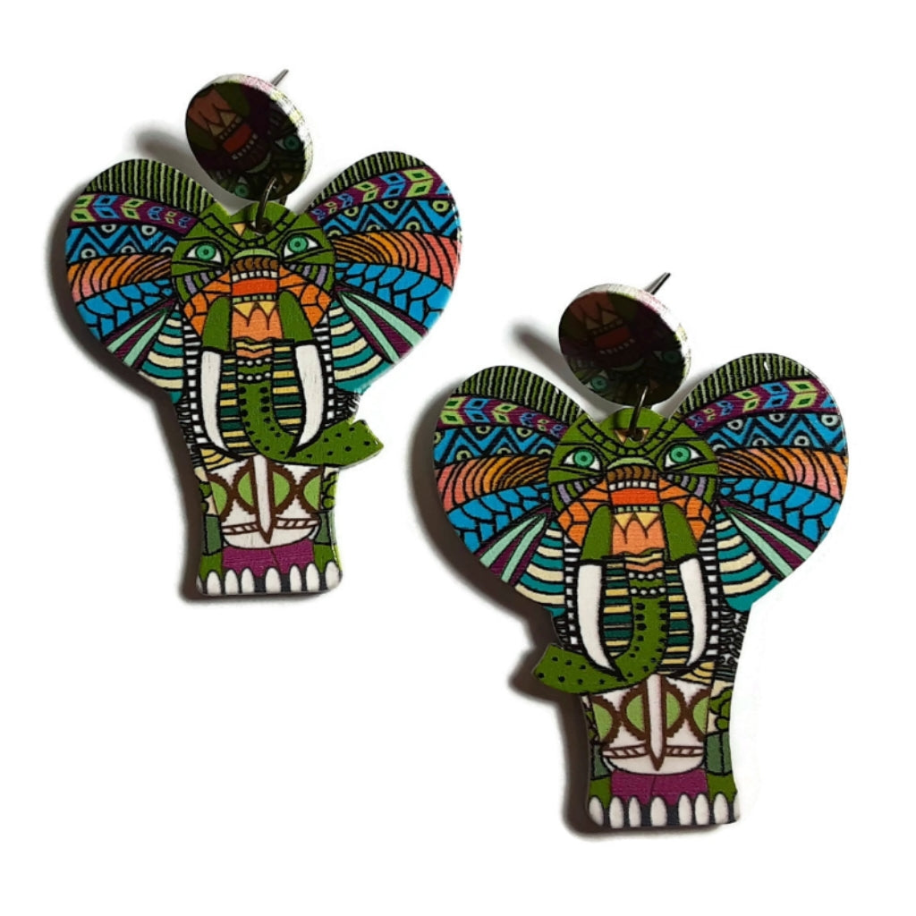 Mosaic Elephant Statement Dangle Wood Earrings