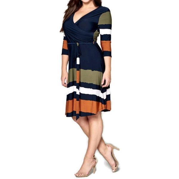 Tua Olive Orange Stripe Navy 3/4 Sleeve Faux Wrap Dress