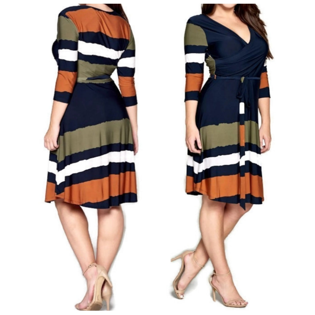 Tua Olive Orange Stripe Navy 3/4 Sleeve Faux Wrap Dress