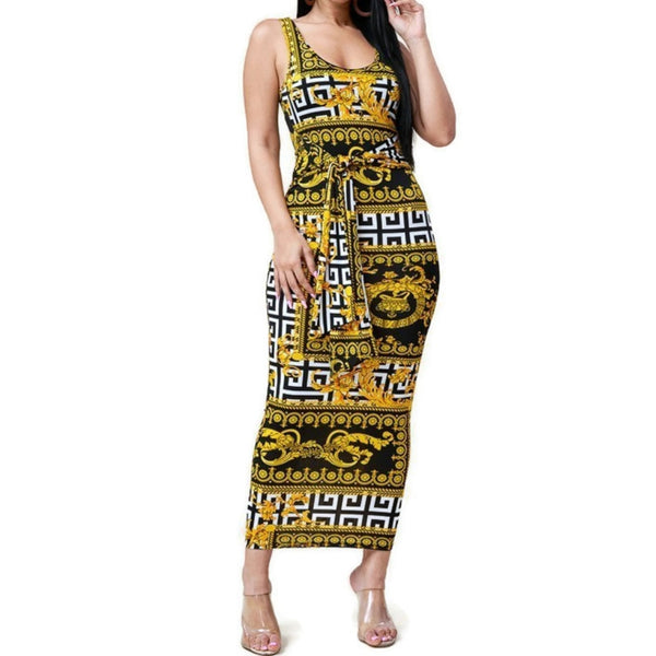 MM Gold Black Tie Waist Sleeveless Bodycon Midi Dress