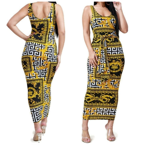 MM Gold Black Tie Waist Sleeveless Bodycon Midi Dress