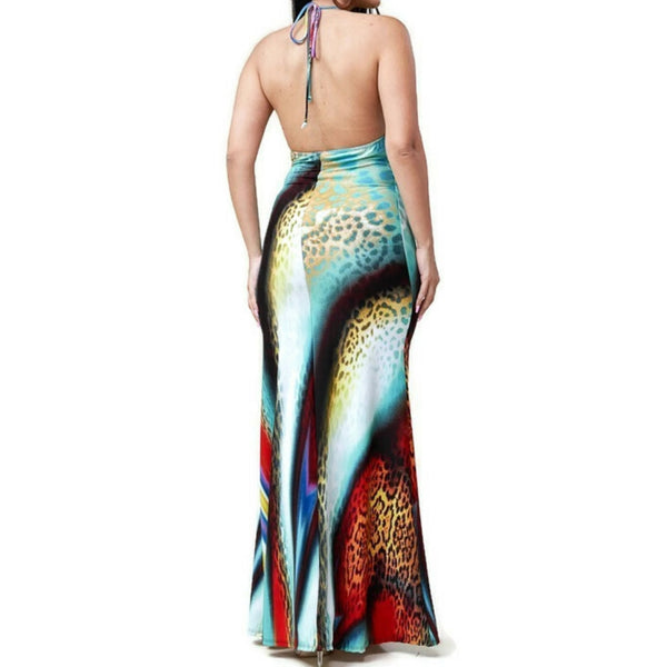 MM Neon Leopard Print Halter Maxi Sundress