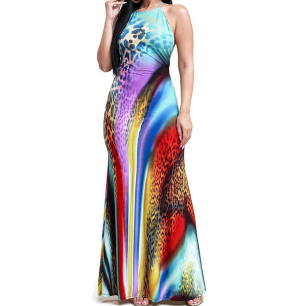 MM Neon Leopard Print Halter Maxi Sundress