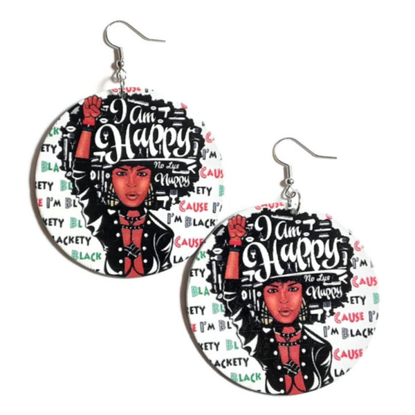 I Am Happy and I Am Black Statement Dangle Wood Earrings