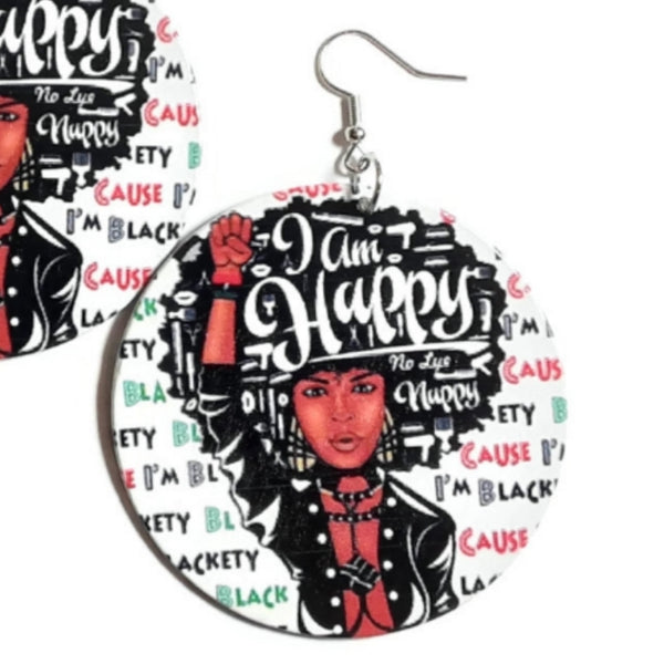 I Am Happy and I Am Black Statement Dangle Wood Earrings