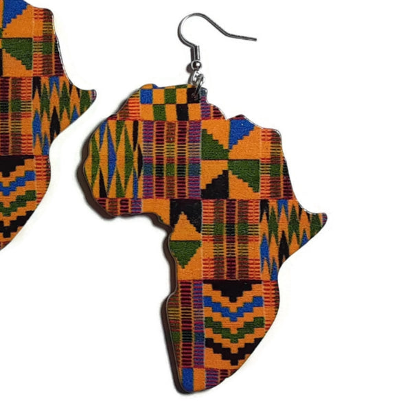 Africa Kente Statement Wood Dangle Drop Earrings