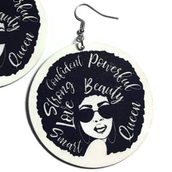 Beauty Afro Queen Statement Wood Dangle Drop Earrings