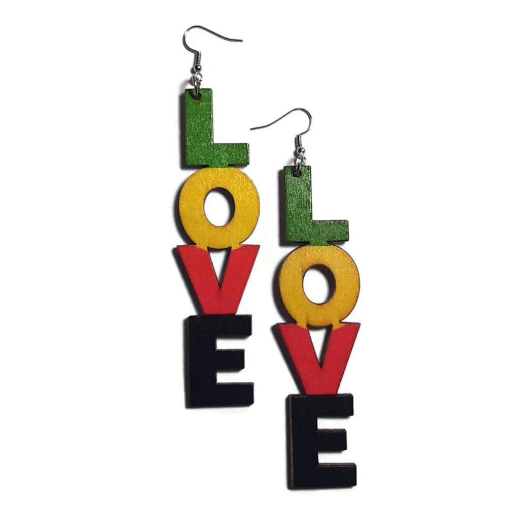 LOVE Red Yellow Green Statement Dangle Wood Earrings