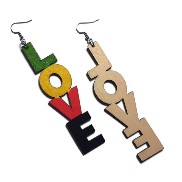 LOVE Red Yellow Green Statement Dangle Wood Earrings