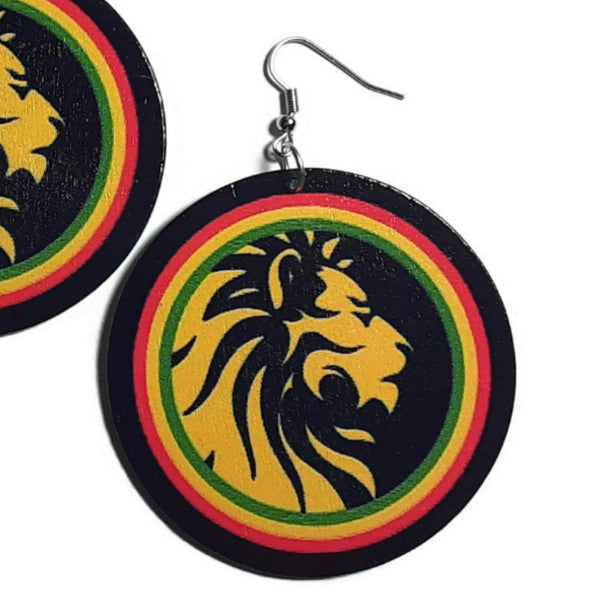 LION Rasta Statement Dangle Wood Earrings