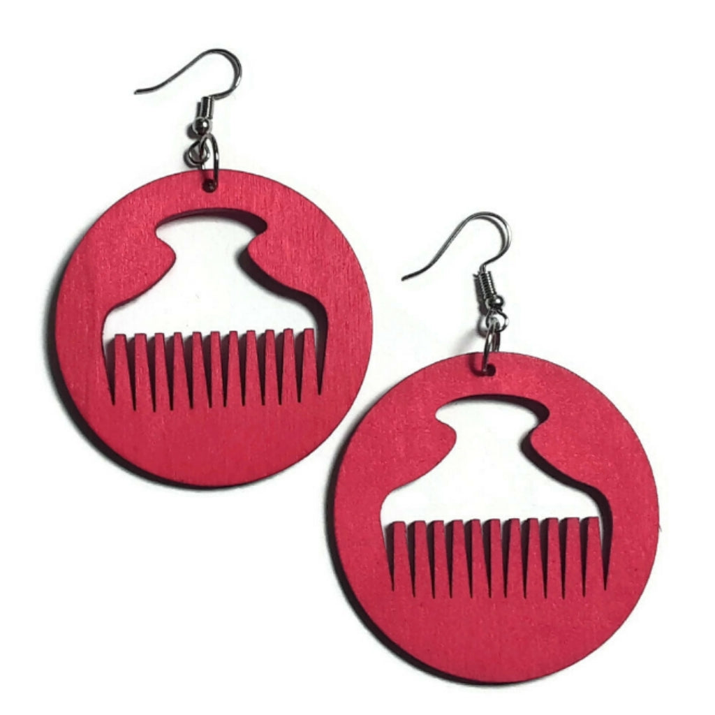 Afro Pick Mini Dangle Wood Earrings