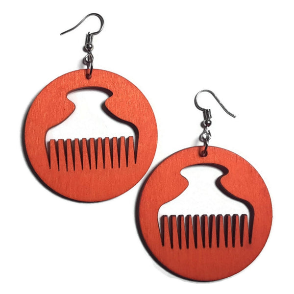 Afro Pick Mini Dangle Wood Earrings