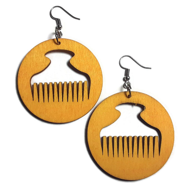 Afro Pick Mini Dangle Wood Earrings