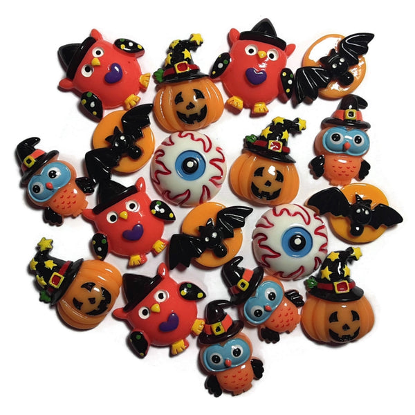 Halloween Pumpkin Owl Bat Flatback Cabochon - Set of 18