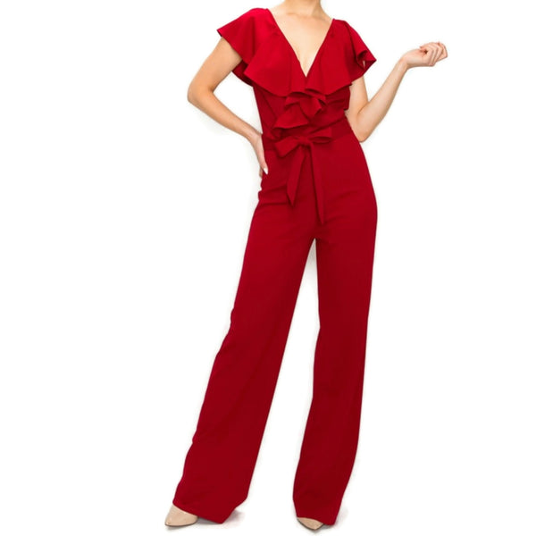 Ruffle V-neck Wide Leg Sleeveless Casual Jumpsuit