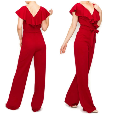 Ruffle V-neck Wide Leg Sleeveless Casual Jumpsuit