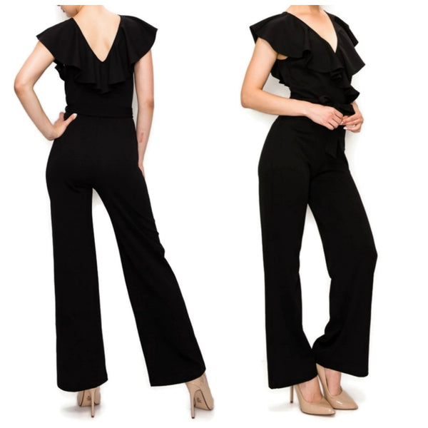 Ruffle V-neck Wide Leg Sleeveless Casual Jumpsuit