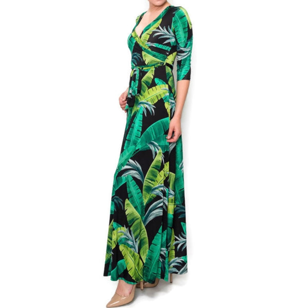 Black Green Banana Leaves Faux Wrap Maxi Dress