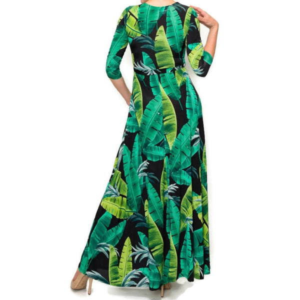 Black Green Banana Leaves Faux Wrap Maxi Dress